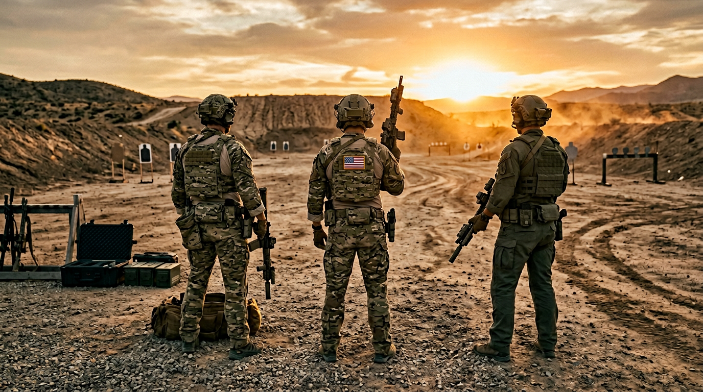 About Sportsman's Depot — veteran operators at a shooting range at sunset